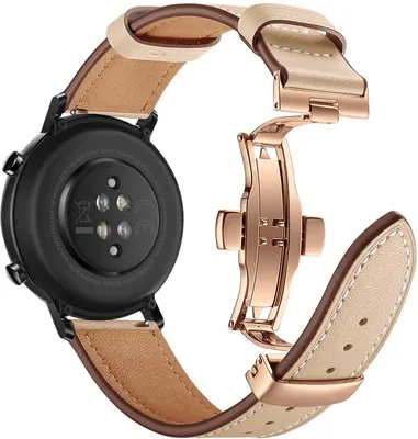Produktbild von FFO2World 20 mm Luxus-Lederarmband für Samsung Galaxy Watch 4–7 (Classic) & Garmin/Huawei – Echtleder mit roségoldener Faltschließe, Beige