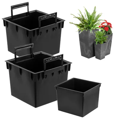 A set of black plastic pot inserts and two decorative planters with plants.