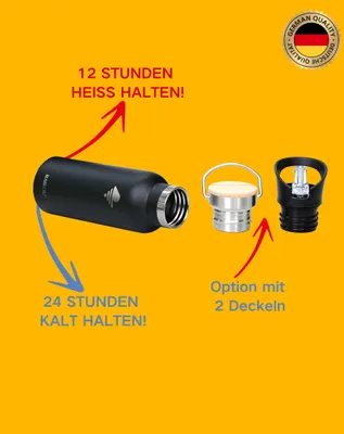 Produktbild von RAIKOU Trinkflasche 1000ml Wasserflasche Thermoflasche mit 2 Deckel Schwarz
