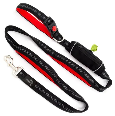Produktbild von Hundeleine für große und starke Hunde (1,5 m) mit 3 gepolsterten Griffen (Kurzführer), Sicherheitskarabiner mit Verriegelung und 360°, reflektierend, Tasche und Kotbeutelspender, rot