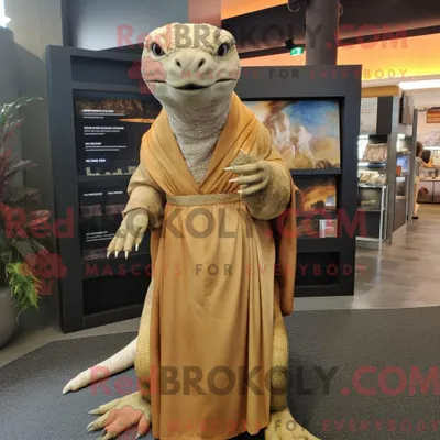Produktbild von Maskottchen REDBROKOLY eines braunen Komodowarans in Maxikleid und Wickelkleid