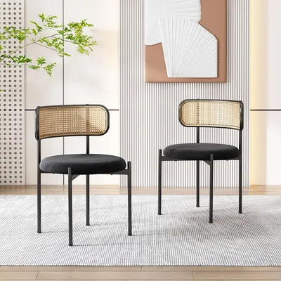 Obrázek produktu pro Sametová jídelní židle, sada 2 kusů, moderní, jednoduchá relaxační židle se čtyřmi kovovými nohami, ratanová relaxační židle, křeslo do obývacího pokoje a ložnice, barva: černá