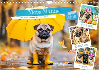 Produktbild von Mops-Mania - Der Spaßkalender für Mops-Fans (Wandkalender 2026 DIN A4 quer), CALVENDO Monatskalender