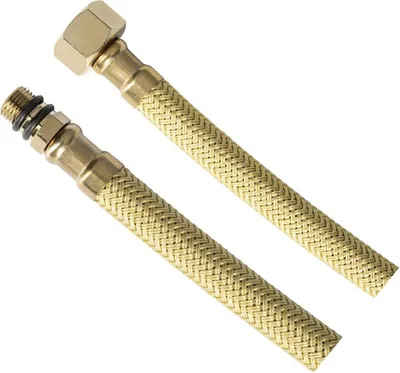 Two flexible hoses with brass fittings against a white background.
