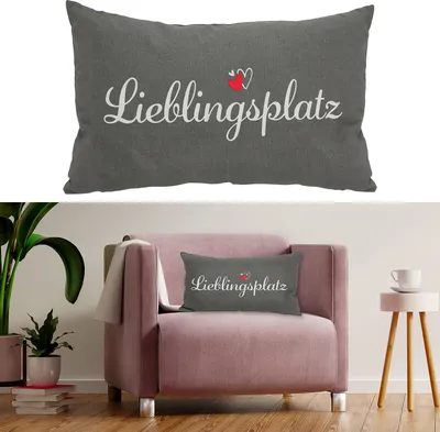 Produktbild von Sofakissen "Lieblingsplatz" 50x30cm 280g Füllung grau Sofakissen Kuschelkissen Herz Dekokissen Reißverschluss waschbar