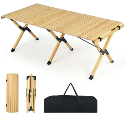 Produktbild von COSTWAY Campingtisch klappbar, Picknicktisch aus Holz mit aufrollbarer Tischplatte & Tragetasche, Klapptisch für 4-6 Personen, 122x60x45cm Natur