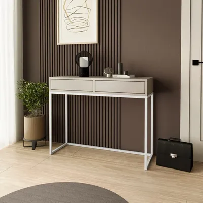 Produktbild von BEAUTYSOFA |  Konsolentisch LANGO 100 cm - Konsole mit 2 Schubladen, Schminktisch, Kaschmir mit Metallbeine in Weiß