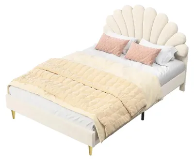 Image de Lit bébé - Lit princesse 140x200 cm - Tête de lit en forme de fleur - Structure en bois rembourrée en velours avec sommier à lattes - Pour filles et adolescentes - Beige