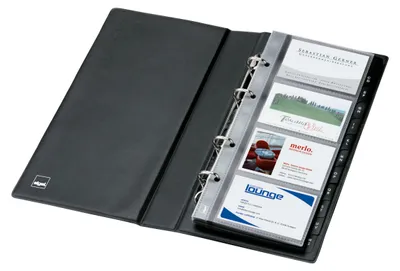 Produktbild von SIGEL VZ300 Visitenkarten-Ringbuch, einreihig, schwarz, matt, mit 25 Sichthüllen, Register A-Z, 4-Ring-Mechanik