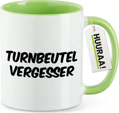 Produktbild von Huuraa Kaffeetasse Turnbeutelvergesser Schriftzug 330ml Grün Keramik Kaffeebecher Geschenkidee