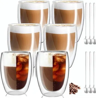 Obrázek produktu pro Sklenice na kávu – sada 6 kusů – na cappuccino, latte, macchiato – tepelně odolné – 350 ml, dvojité stěny