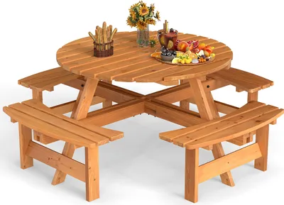 Produktbild von Holzpicknicktisch und Stuhl Set für 8 Personen, runder Campingtisch mit Schirmloch, runder Tisch für draußen mit 4 eingebauten gebogenen Bänken, Gelb