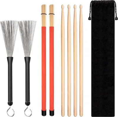 Productafbeelding van Klassieke drumstokken van espenhout, 4 paar, met draadborstels, geschikt voor beginners en gevorderden