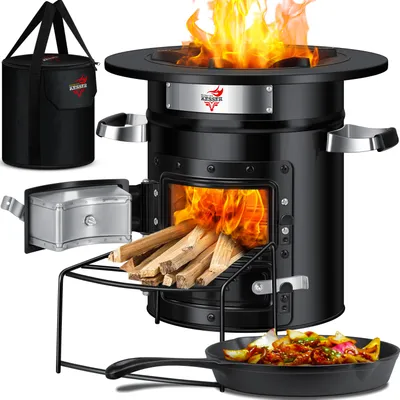 Produktbild von KESSER® Raketenofen Inkl. Grillpfanne aus Gusseisen mit Tragetasche, Dutch Oven BBQ Rakete Holzofen Camping Campingkocher Campinggrill, Edelstahl