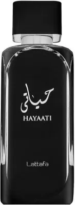 A black perfume bottle with silver accents and text.