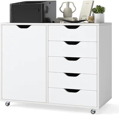 Image de Meuble de rangement sur roulettes avec 5 tiroirs et une porte, armoire mobile pour documents avec plateau de travail et roulettes, meuble de bureau moderne, meuble de rangement sous bureau pour bureau ou salon, 79 x 39 x 65 cm (blanc)