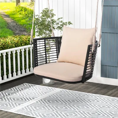 Immagine prodotto di Sedia a dondolo sospesa - Poltrona sospesa - Sedia a dondolo - Amaca-sedia - Sedia da giardino - Materiale: rattan - Struttura in metallo