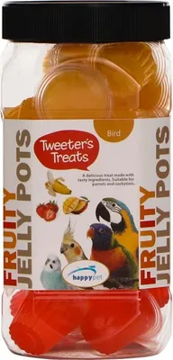 A clear product shot of a jar of bird treats, showing the packaging and the product inside.