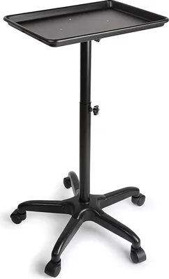 A black adjustable height trolley with a tray and a five-star base with wheels.