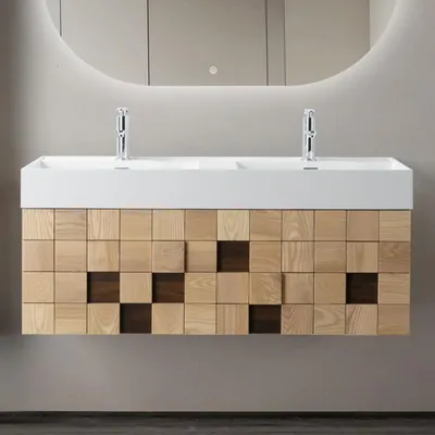 Produktbild von Waschtischunterschrank-Set MOVEA 120 cm Waschbecken mattweiß Mineralguss mit Unterschrank helle Eiche Blockmuster