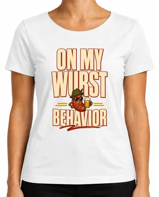 Immagine prodotto di Maglietta da donna in stile bavarese per l'Oktoberfest, con scritta "On My Wurst Behavior", in pelle, colore bianco, taglia XXL