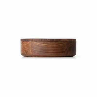 A wooden bowl with a lid, shown from the side against a white background.