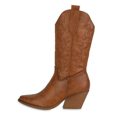 Produktbild von van-hill Damen Cowboystiefel, Hellbraun, Gr. 37, mit Stickereien, Kunstleder, Reißverschluss