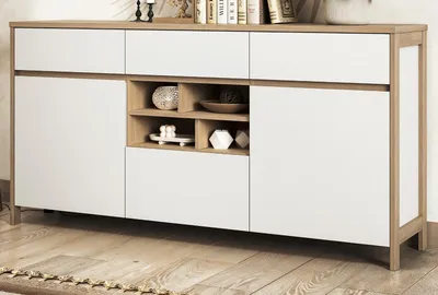 Produktbild von Sideboard "Finnes" in weiß und Eiche Kommode skandinavisch 164 cm, Soft-Close