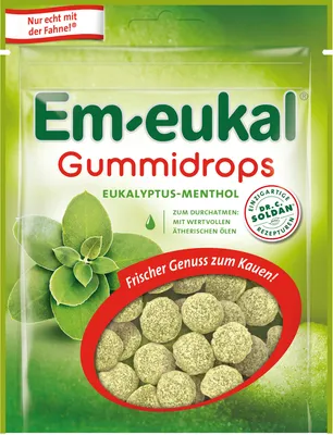 Produktbild von Em eukal Gummidrops Eukalyptus Menthol mit feiner Zuckerkruste 90g