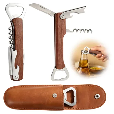 3-in-1 Flaschenöffner, Korkenzieher, Kapselschneider, Lederetui, 13,5 cm