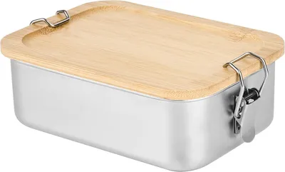 Produktbild von Brotdose 1.2 l, Edelstahl, mit Holzdeckel, für unterwegs