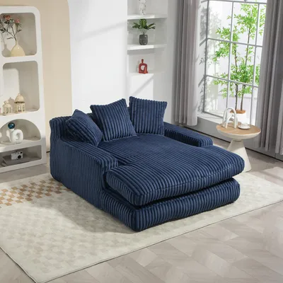 Image de OKWISH Méridienne - Fauteuil Bas Relax avec 3 Coussins en Velours Côtelé, sans Montage, 125x155x63 cm, Bleu Marine