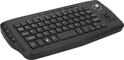 A black wireless keyboard with a trackball mouse is shown from a slightly elevated diagonal angle against a white background.