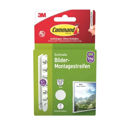 Produktbild von Command™ Bilder-Montage-Strips, Weiß, Schmal, 4 Paare, Selbstklebend ohne Bohren