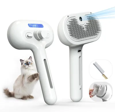 Produktbild von Tierhaarbürste mit Sprühfunktion, Fellpflegebürste für Hunde und Katzen, Nadelbürste mit Ein-Knopf-Haarentfernung, Weiß