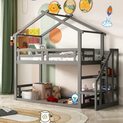 Produktbild von Kinderbett 90*200cm, Niedriges Etagenbett mit Sicherheitstreppe, Etagenbettgestell aus Massivholz mit Lattenrost