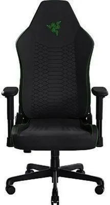 A black gaming chair with green accents and a green Razer logo on the headrest, shown from the front.