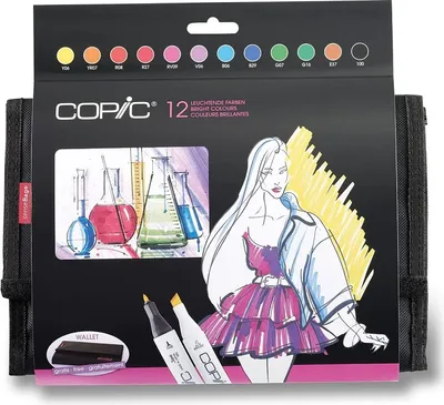 Image de COPIC Classic double face Fine & Chisel 12 marqueurs à alcool, tons vifs dans un étui à crayons