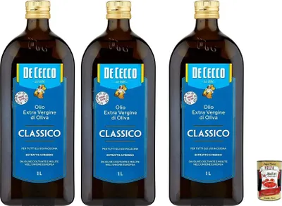 Produktbild von De Cecco Olivenöl Extra Vergine Classico – kalt extrahiert, ausgewogener Geschmack für Küche & Salate, dunkle Glasflasche 3 x 1 L, ideal zum Verfeinern, Braten & Marinieren + Italian Gourmet polpa