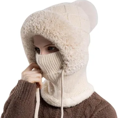 Obrázek produktu pro Dámská zimní čepice 3 v 1 (béžová): pletená čepice s šálou a maskou na obličej, větruodolná čepice s ochranou obličeje, ideální pro outdoorové aktivity, skvělý vánoční dárek
