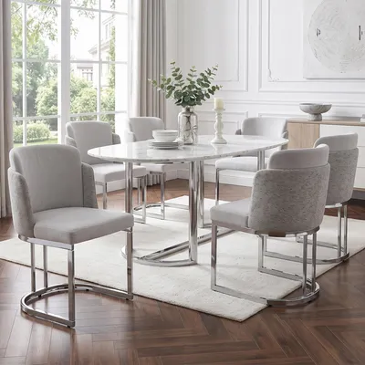 Immagine prodotto di Set di 6 sedie okwish, con gambe cromate argentate, rivestite in tessuto chenille, ideali come sedie da cucina o da sala da pranzo, colore grigio