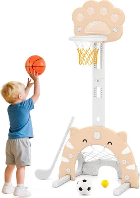 Image de COSTWAY 3 en 1 Panier de basket pour enfants, support de basket avec ballon de basket, football, golf, hauteur réglable&panier pliable, pour enfants 3+gris