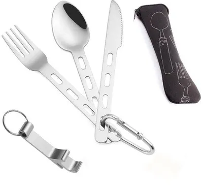 Productafbeelding van Unyqoos® Draagbare 5-in-1 bestekset van roestvrij staal voor kamperen en reizen – mes, vork, lepel, flessenopener, karabijnhaak, vaatwasmachinebestendig, met tas