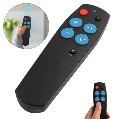 A hand holding a black remote control with blue and red buttons, with a circular inset showing a person using a similar remote.