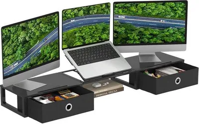 Produktbild von Verstelbare monitorstandaard mit Stahlrahmen und Aufbewahrungsbox für zwei Bildschirme