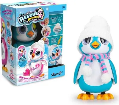A product box and the toy penguin it contains, displayed side-by-side.