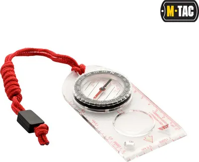 A compass with a red lanyard is shown on a white background.