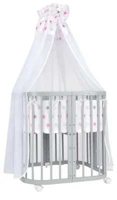 Produktbild von Waldin Babybett Kinderbett 7in1 mit Matratze, mitwachsendes Kinder-Bett,Stoffe Sterne pink,Holz grau