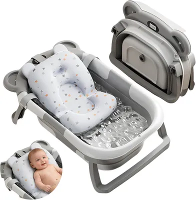Produktbild von Zusammenklappbare Babybadewanne mit Temperaturanzeige, 0-36 Monate, mit Badesitz, grau, für Baby