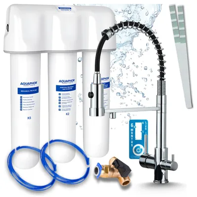 Produktbild von Ari 3-Wege-Küchenarmatur Solid Spring, Chrom, Ausziehbare Spültischarmatur Im Set Mit Aquaphor Wasserfiltersystem, Untertischanlage
